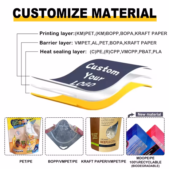 Recycelbarer, flexibler, individuell bedruckter Mylar-Druckverschluss für Snacks für Hunde und Katzen, Snacks aus Kunststoff, laminierte Babynahrung, Süßigkeiten, Kaffeeverpackungen, Standbodenbeutel